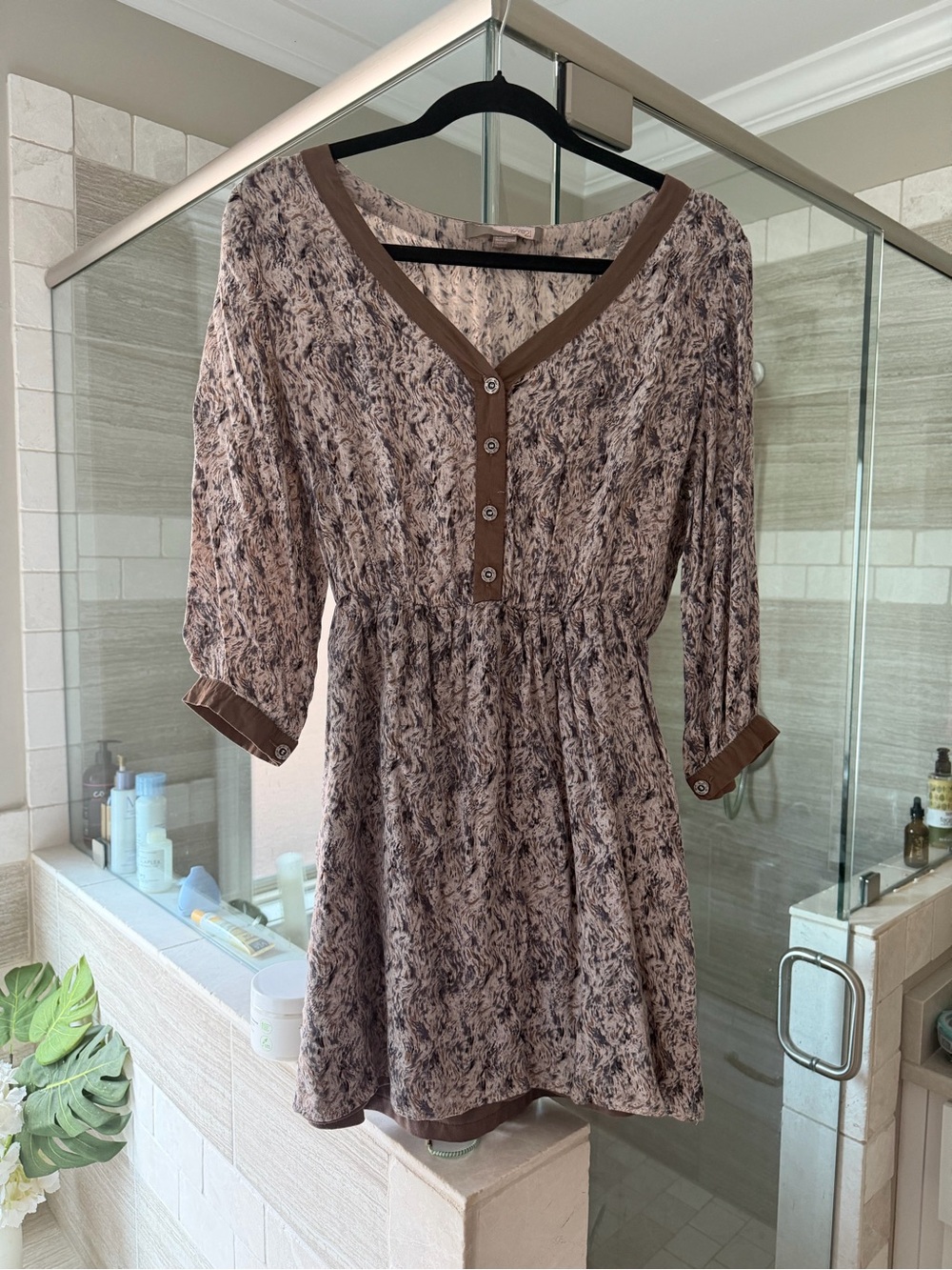 Women’s Brown Printed V-Neck Button-Front Top